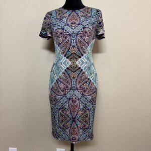 London Times Dress Womens 2 Blue Multicolor Paisley Sheath Short Sleeve Lined
